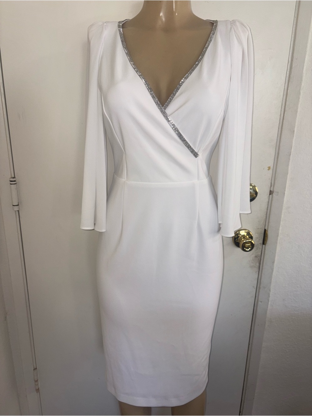 Joseph Ribkoff White V-Neck Sheath Dress with Silver Trim
